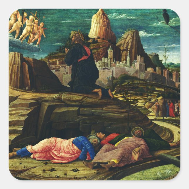 Jesus prays in the Garden of Gethsemane Square Sticker (Front)