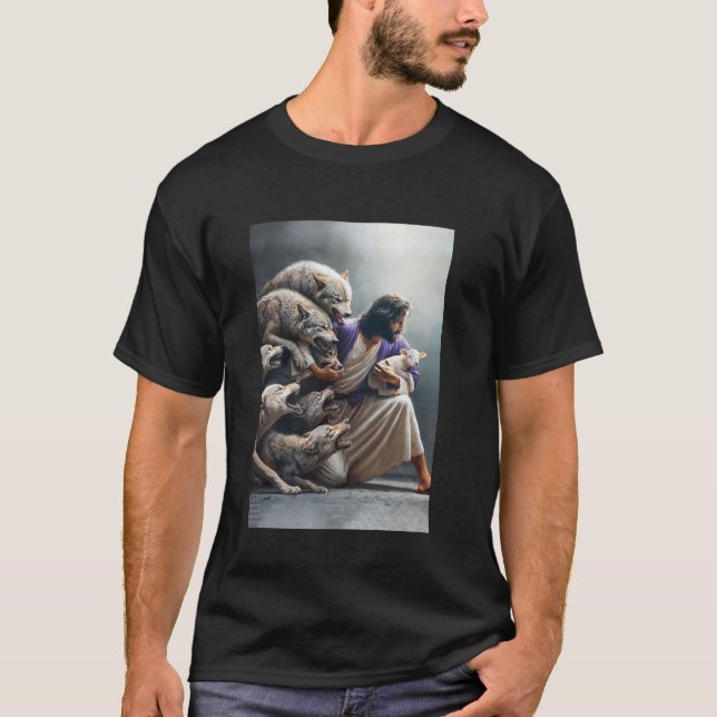 Jesus Protects The Lamb From Wolves Paint Art Reli T-Shirt (Front)