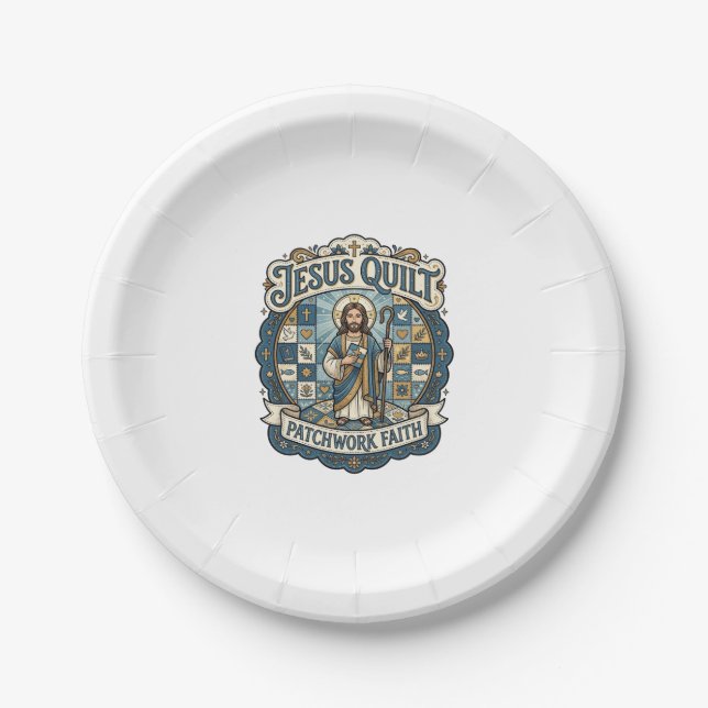 Jesus Quilt Patchwork Faith Jesus Quilt Patchwork  Paper Plate (Front)