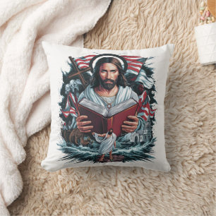 Jesus reading amidst waves and symbols of faith cushion