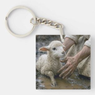 Jesus Rescuing a Lamb from a Mud Puddle Key Ring