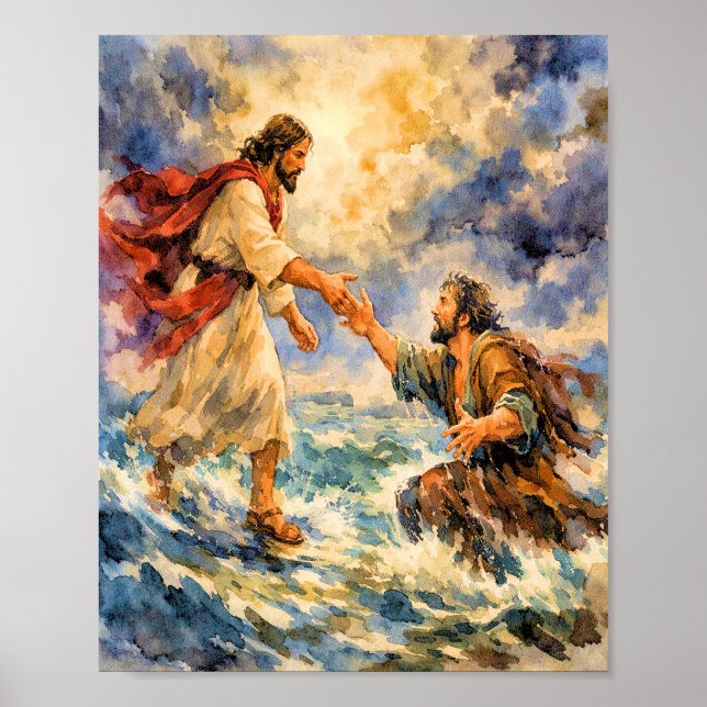 Jesus Rescuing Peter Christian Art Poster (Front)