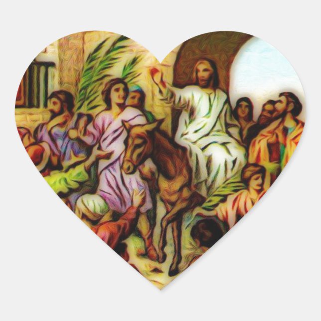 Jesus Rides the Donkey into Jerusalem Heart Sticker (Front)