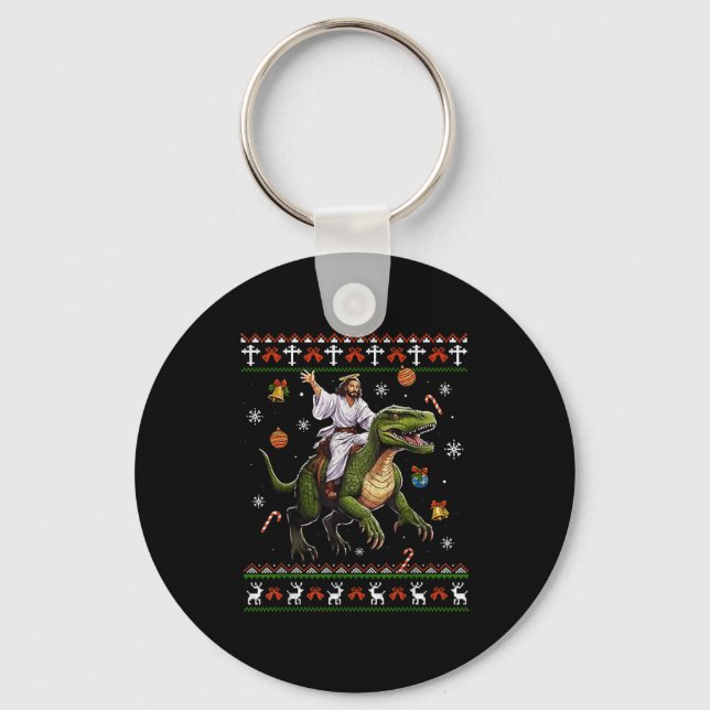 Jesus Riding Dinosaur Funny Meme Ugly Christmas Sw Key Ring (Front)