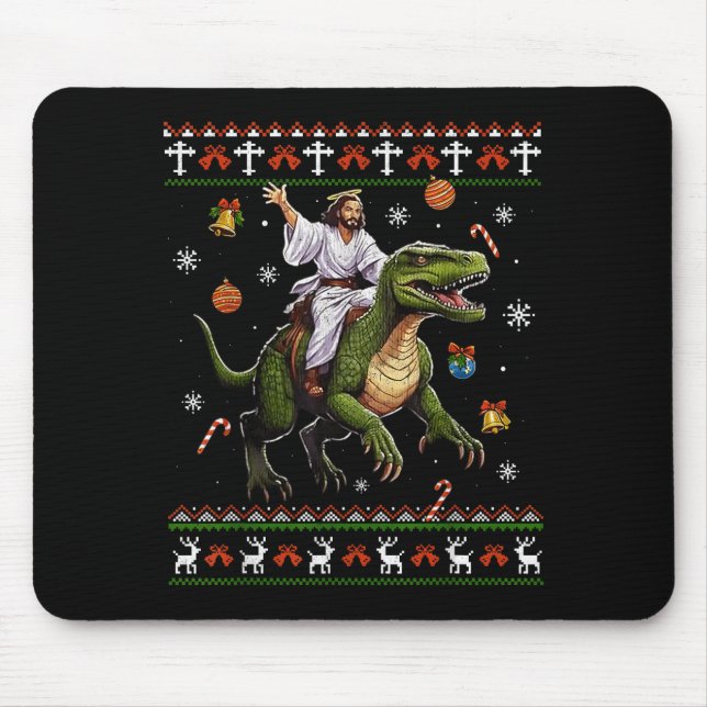 Jesus Riding Dinosaur Funny Meme Ugly Christmas Sw Mouse Pad (Front)