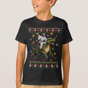 Jesus Riding Dinosaur Funny Meme Ugly Christmas Sw T-Shirt