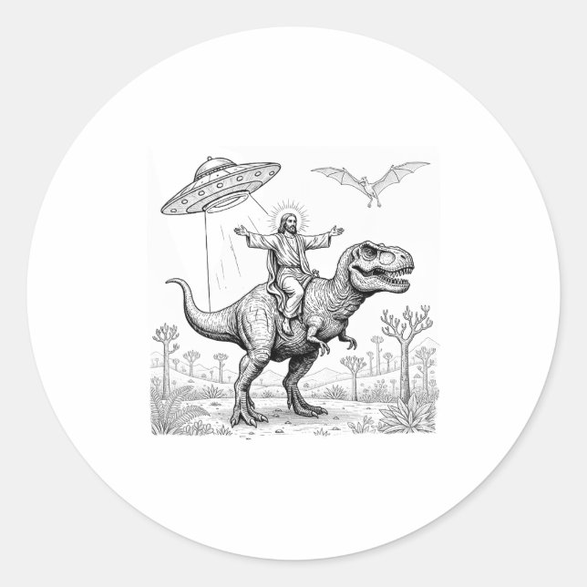 Jesus Riding Dinosaur T-rex Ufo Hunting Alien Sci- Classic Round Sticker (Front)
