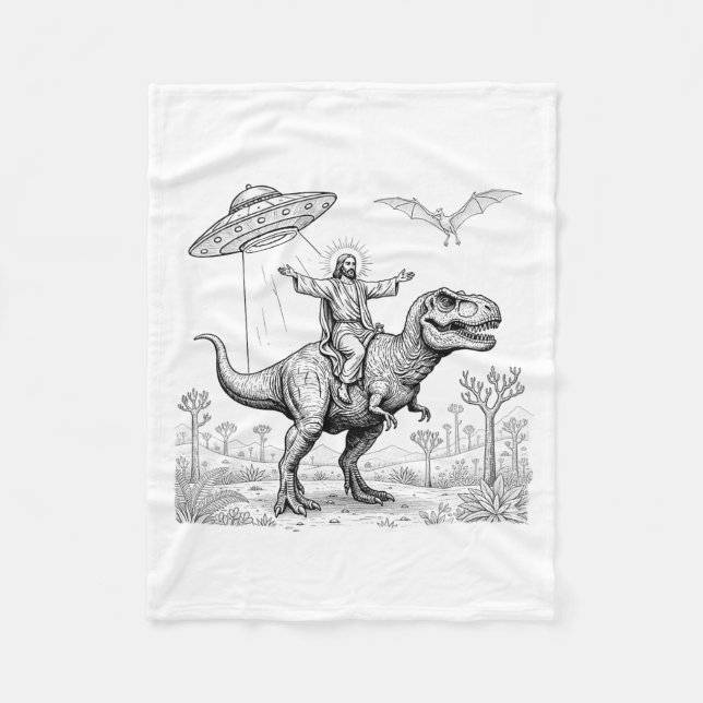 Jesus Riding Dinosaur T-rex Ufo Hunting Alien Sci- Fleece Blanket (Front)