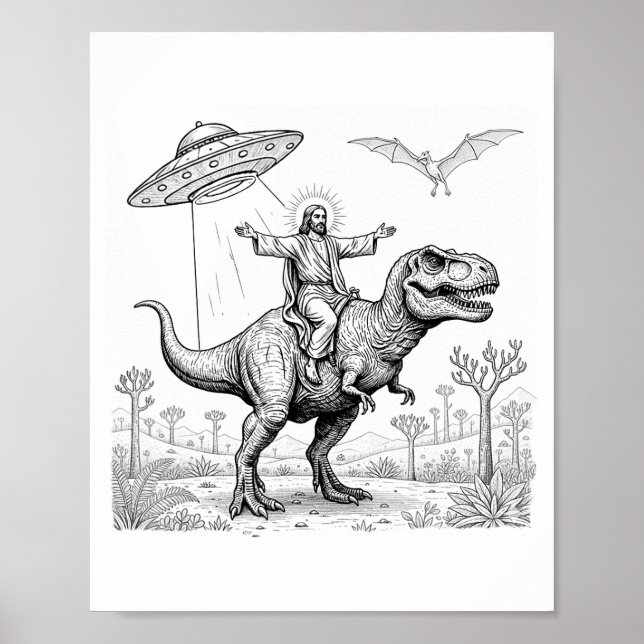 Jesus Riding Dinosaur T-rex Ufo Hunting Alien Sci- Poster (Front)