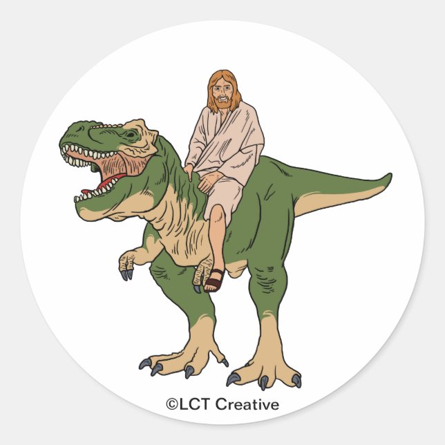 Jesus Riding T-Rex Classic Round Sticker (Front)