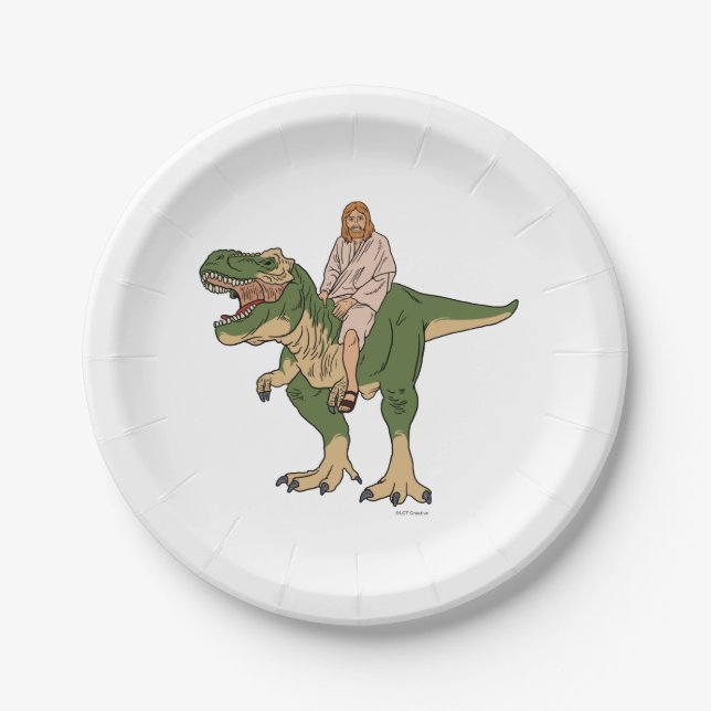 Jesus Riding T-Rex Paper Plate (Front)