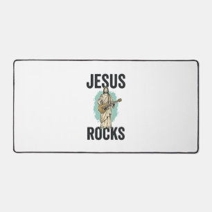 Jesus Rocks Guitar Vintage Christian Engraving Des Desk Mat