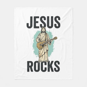 Jesus Rocks Guitar Vintage Christian Engraving Des Fleece Blanket