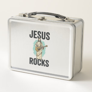 Jesus Rocks Guitar Vintage Christian Engraving Des Metal Lunch Box