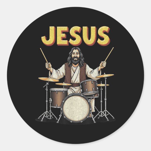 Jesus Rocks Music Funny Christian Drummer Design  Classic Round Sticker (Front)