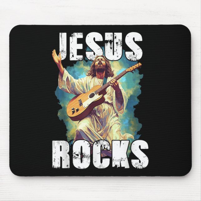 Jesus Rocks With Guitar - Funny Christian Rocks Ch Mouse Pad (Front)