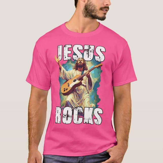 Jesus Rocks With Guitar - Funny Christian Rocks Ch T-Shirt (Front)