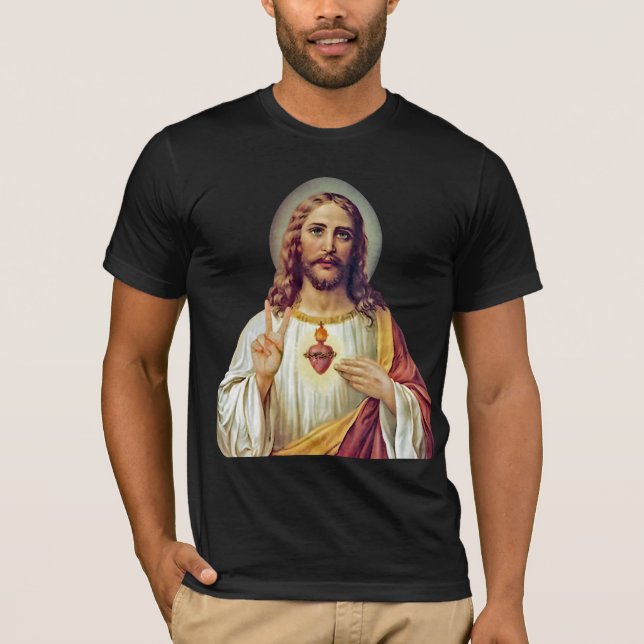 Jesus Sacred Heart Peace Sign Portrait T-Shirt (Front)