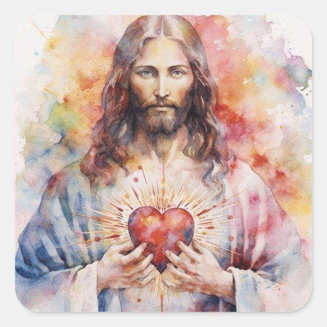 Jesus sacred heart watercolor square sticker (Front)