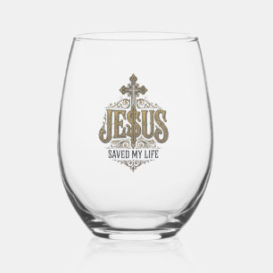 Jesus Saved My Life Vintage Engraving Christian Sh Stemless Wine Glass