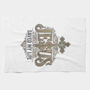 Jesus Saved My Life Vintage Engraving Christian Sh Tea Towel