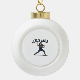 Jesus Saves Baseball Pitcher Vintage Engraving Shi Ceramic Ball Christmas Ornament