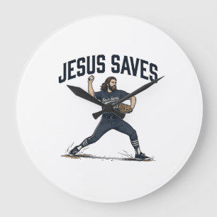 Jesus Saves Baseball Pitcher Vintage Engraving Shi Large Clock