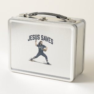 Jesus Saves Baseball Pitcher Vintage Engraving Shi Metal Lunch Box
