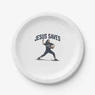 Jesus Saves Baseball Pitcher Vintage Engraving Shi Paper Plate