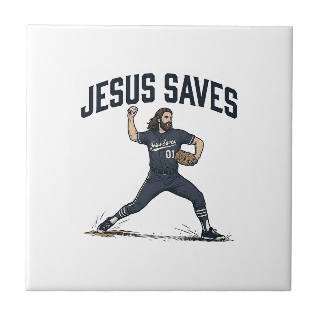 Jesus Saves Baseball Pitcher Vintage Engraving Shi Tile (Front)