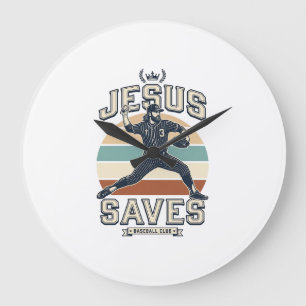 Jesus Saves Baseball Vintage Christian Vector Desi Large Clock