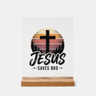 Jesus Saves Bro Vintage Christian Cross Shirt Desi Acrylic Sign