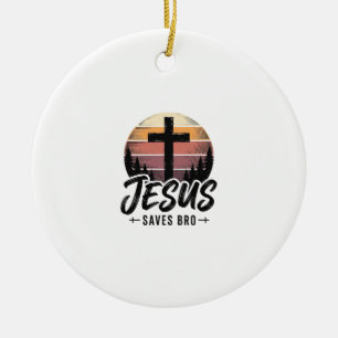 Jesus Saves Bro Vintage Christian Cross Shirt Desi Ceramic Tree Decoration