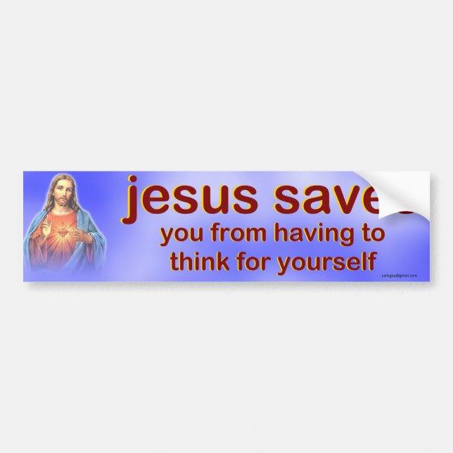 Jesus saves... bumper sticker (Front)