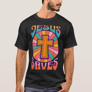 Jesus Saves Cross Groovy Retro 70's Style Faith T-Shirt