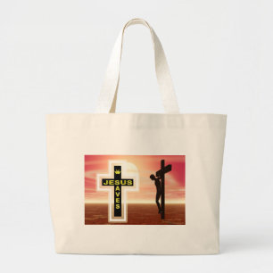 Jesus saves crucifixion picture large tote bag