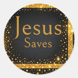 Jesus Saves, Gold Black Polka Dots, Stripes Luxury Classic Round Sticker
