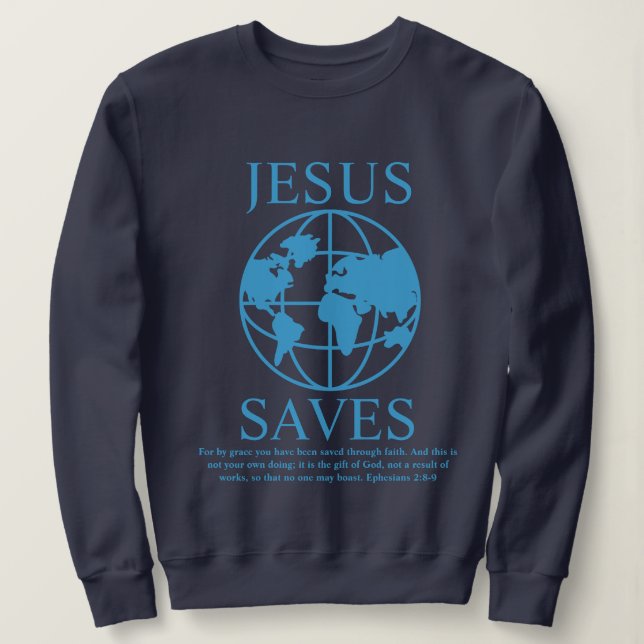 Jesus Saves Graphic 90's dark blue Sweatshirt (Design Front)