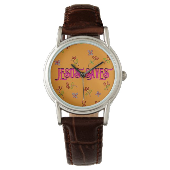 ‘Jesus Saves’ Quote Floral Print on Yellow Watch (Front)
