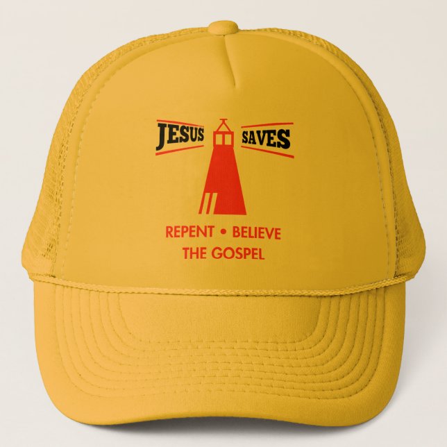 Jesus Saves Repent and Believe The Gospel Trucker Hat (Front)