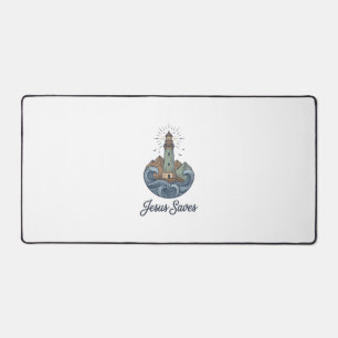 Jesus Saves Vintage Lighthouse Christian Shirt_1 Desk Mat