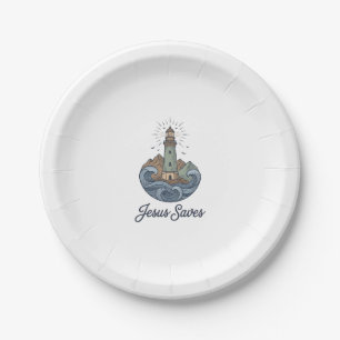 Jesus Saves Vintage Lighthouse Christian Shirt_1 Paper Plate