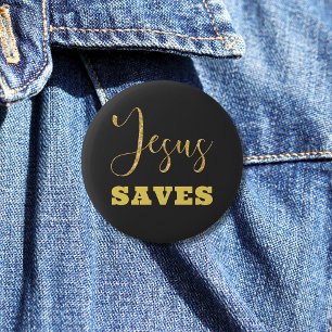 Jesus Saves Yellow Gold Glitter 6 Cm Round Badge