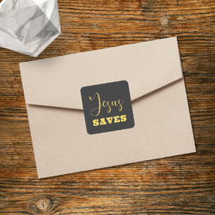 Jesus Saves Yellow Gold Glitter Square Sticker