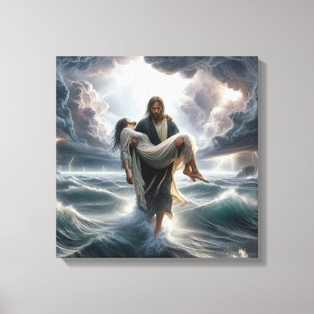 Jesus Saving a Young Woman In a Storm Canvas Print (Front)
