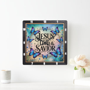 Jesus Saviour Floral Butterfly Square Wall Clock