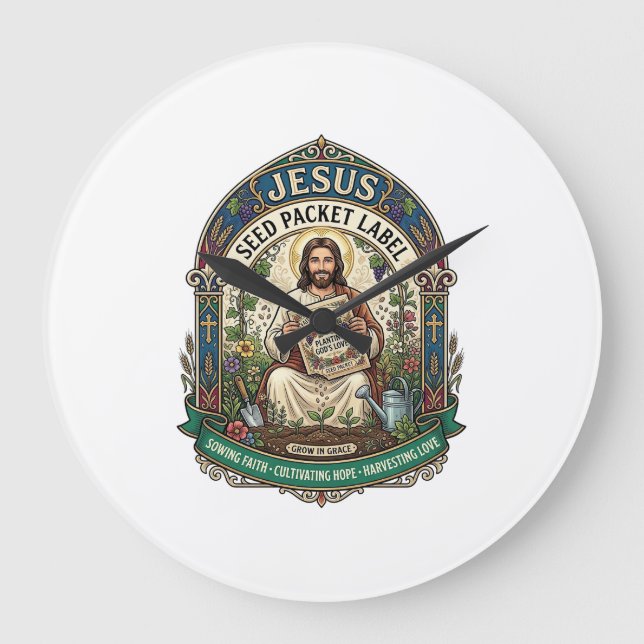 Jesus Seed Packet Label Jesus Seed Packet Christia Large Clock (Front)