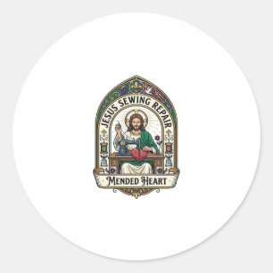 Jesus Sewing Repair Mended Heart Jesus Sewing Repa Classic Round Sticker
