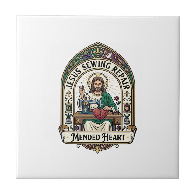 Jesus Sewing Repair Mended Heart Jesus Sewing Repa Tile (Front)