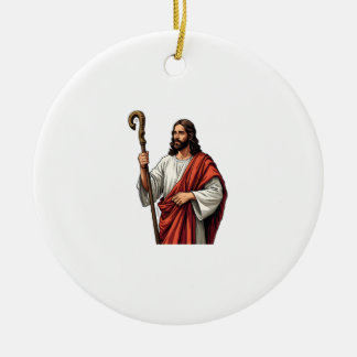 Jesus Shepherd Staff Vintage Engraving Tee 2 Ceramic Tree Decoration
